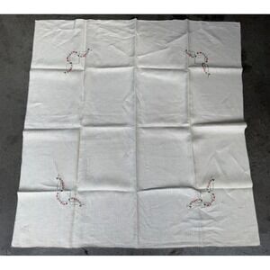 Vintage Embroidered Beige Flower Tablecloth 37.5 x 35" Rectangle Linen